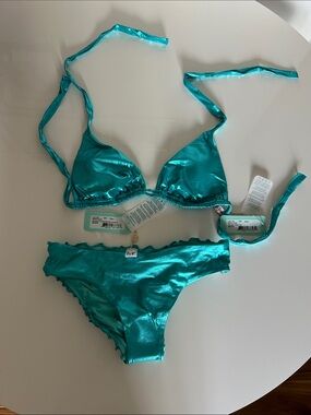 Luli Fama Metallic Teal Triangle Bikini
